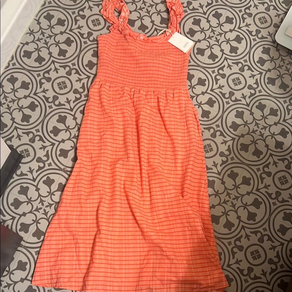 Carve Designs Grapefruit Orange Harris Stripe midi Dress- Size Medium BNWT